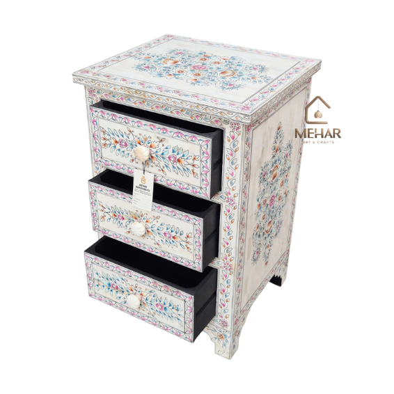 WDN BONE INLAY HAND PAINTED BEDSIDE 3 DRAWER