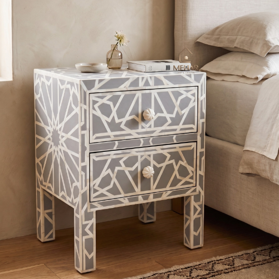 WDN BONE INLAY SIDE TABLE 2 DRAWER