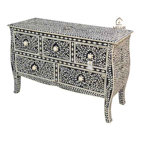 1 (3) WDN BONE INLAY SIDEBOARD / CHEST OF 5 DRAWERS IN WHITE & BLACK FINISH