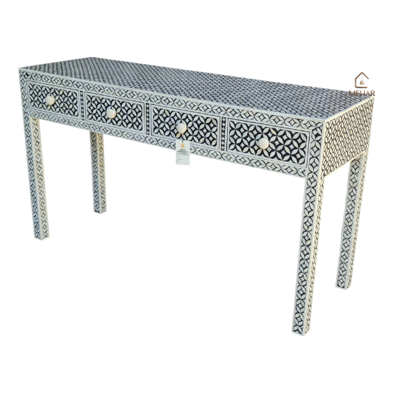 1 (4) WDN BONE INLAY GEOMETRIC PATTERN CONSOLE TABLE – BLACK & WHITE TABLE 4 DRAWER
