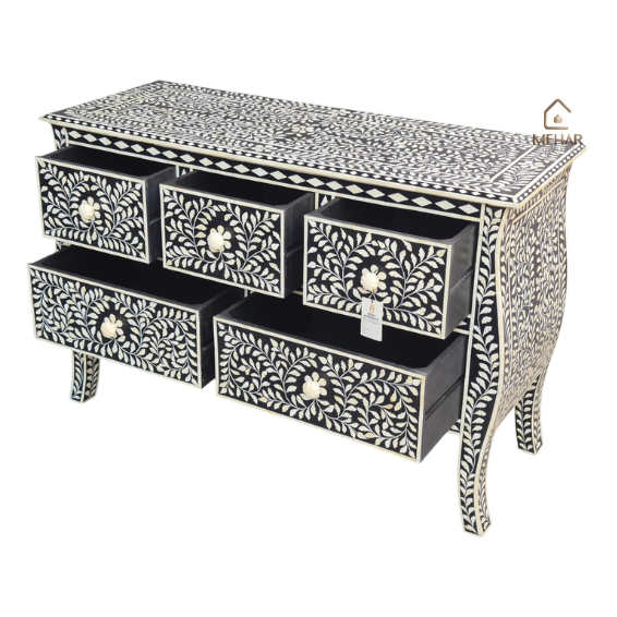 2 (2) WDN BONE INLAY SIDEBOARD / CHEST OF 5 DRAWERS IN WHITE & BLACK FINISH