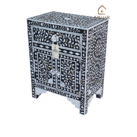 WDN MOTHER OF PEARL INLAY BEDSIDE TABLE - BLACK FLORAL NIGHTSTAND