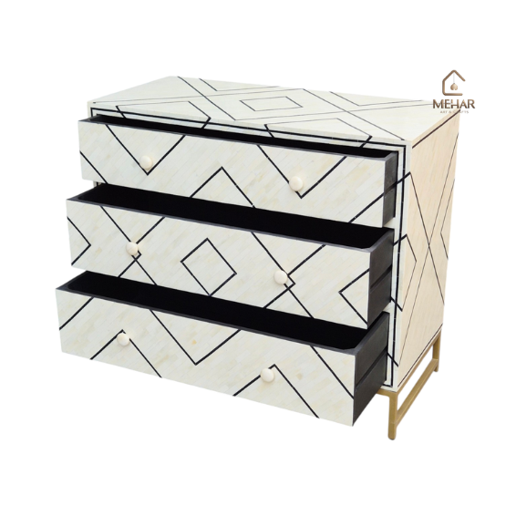 WDN BONE INLAY CHEST OF DRAWER 3 DRAWER- BLACK & WHITE CABINET