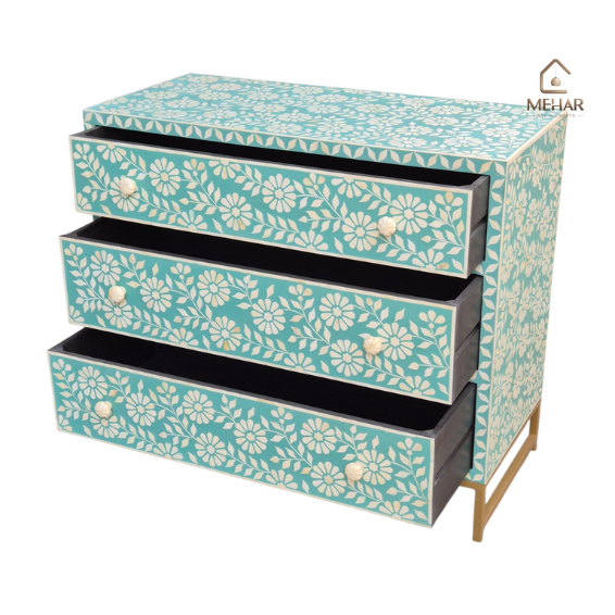 2 WDN TURQUOISE BONE INLAY CHEST OF DRAWERS- FLORAL STORAGE CABINET