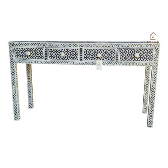 3 (2) WDN BONE INLAY GEOMETRIC PATTERN CONSOLE TABLE – BLACK & WHITE TABLE 4 DRAWER