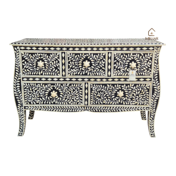 3 WDN BONE INLAY SIDEBOARD / CHEST OF 5 DRAWERS IN WHITE & BLACK FINISH