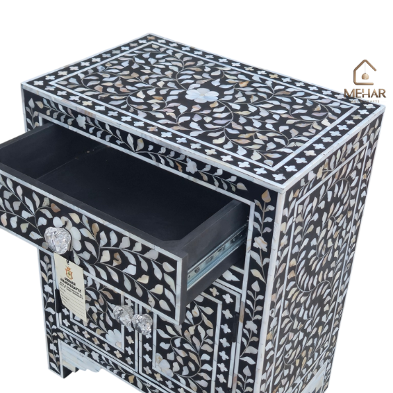 WDN MOTHER OF PEARL INLAY BEDSIDE TABLE - BLACK FLORAL NIGHTSTAND