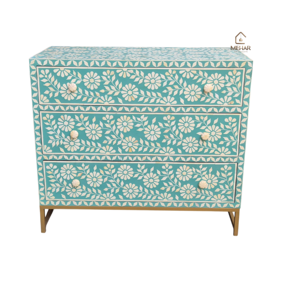 3 WDN TURQUOISE BONE INLAY CHEST OF DRAWERS- FLORAL STORAGE CABINET
