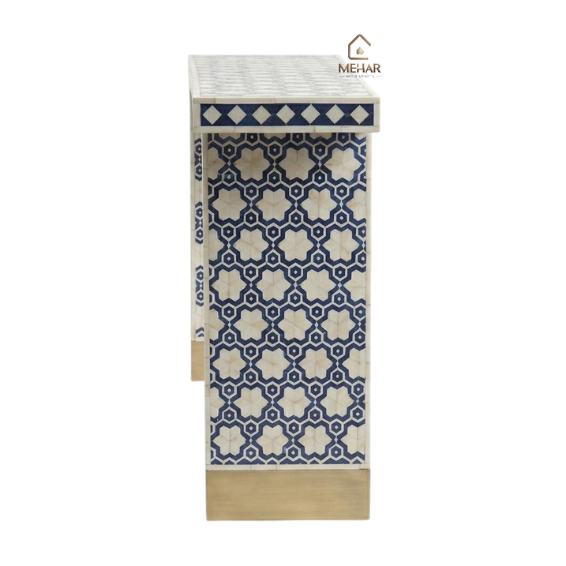 WDN BONE INLAY GEOMETRIC PATTERN CONSOLE TABLE – NAVY BLUE TABLE