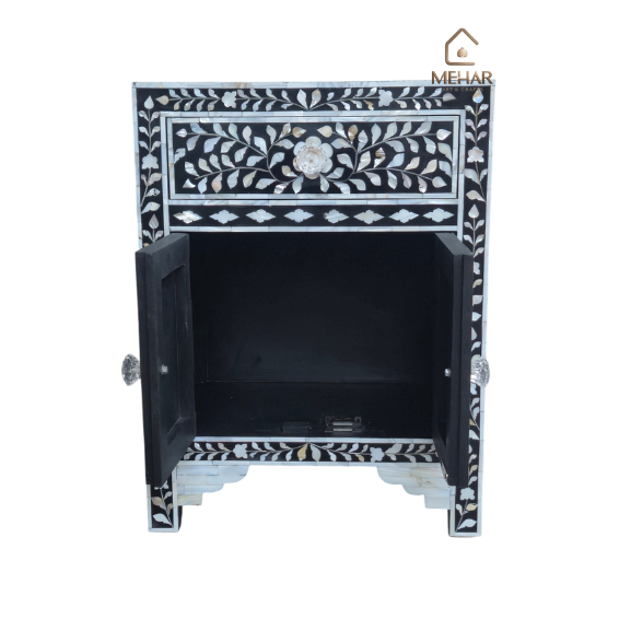 WDN MOTHER OF PEARL INLAY BEDSIDE TABLE - BLACK FLORAL NIGHTSTAND