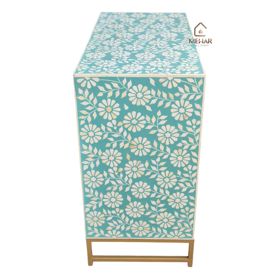 4 WDN TURQUOISE BONE INLAY CHEST OF DRAWERS- FLORAL STORAGE CABINET