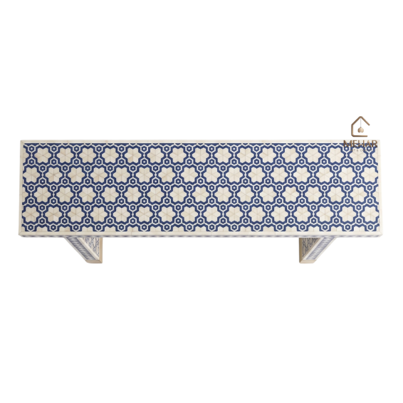 WDN BONE INLAY GEOMETRIC PATTERN CONSOLE TABLE – NAVY BLUE TABLE