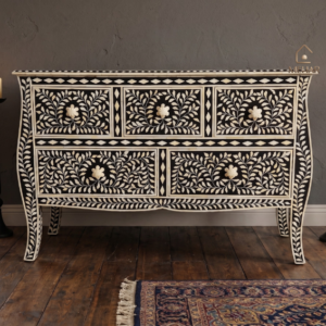 WDN BONE INLAY SIDEBOARD / CHEST OF 5 DRAWERS IN WHITE & BLACK FINISH