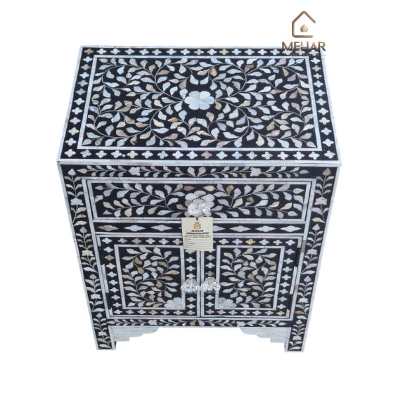 WDN MOTHER OF PEARL INLAY BEDSIDE TABLE - BLACK FLORAL NIGHTSTAND