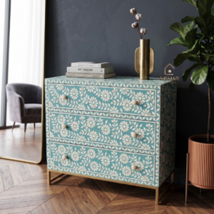 WDN TURQUOISE BONE INLAY CHEST OF DRAWERS- FLORAL STORAGE CABINET