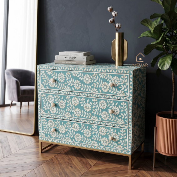 5 WDN TURQUOISE BONE INLAY CHEST OF DRAWERS- FLORAL STORAGE CABINET