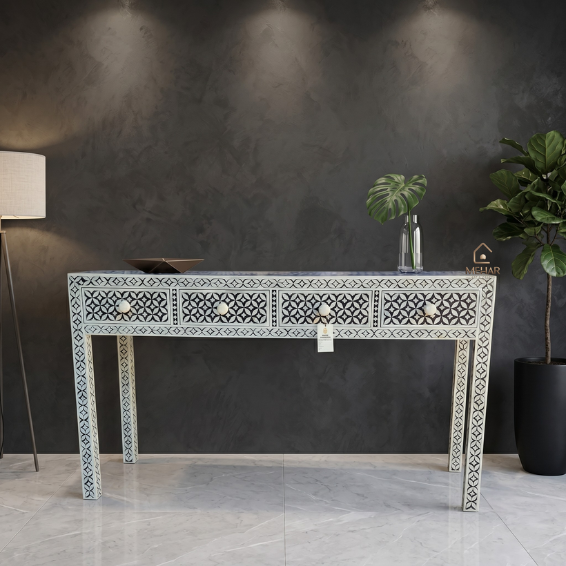Untitled design (1) WDN BONE INLAY GEOMETRIC PATTERN CONSOLE TABLE – BLACK & WHITE TABLE 4 DRAWER