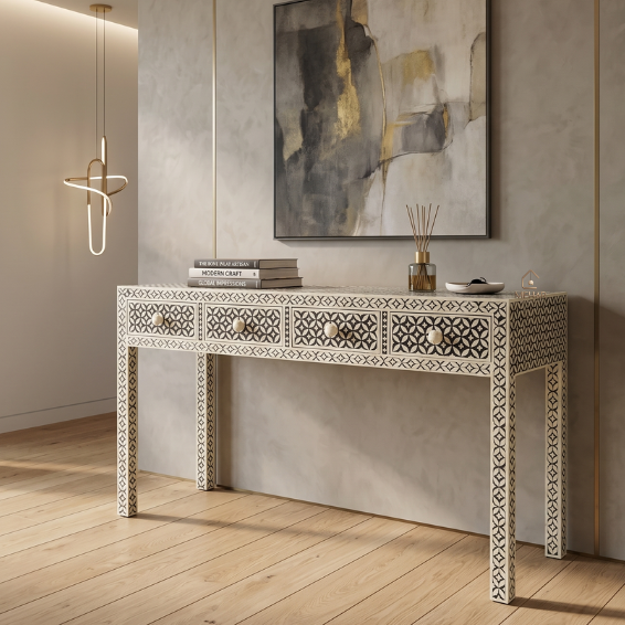 Untitled design (5) WDN BONE INLAY GEOMETRIC PATTERN CONSOLE TABLE – BLACK & WHITE TABLE 4 DRAWER