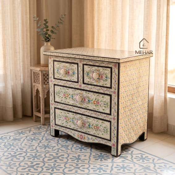 WDN BONE INLAY HAND PAINTED CABINET 4 DRAWER