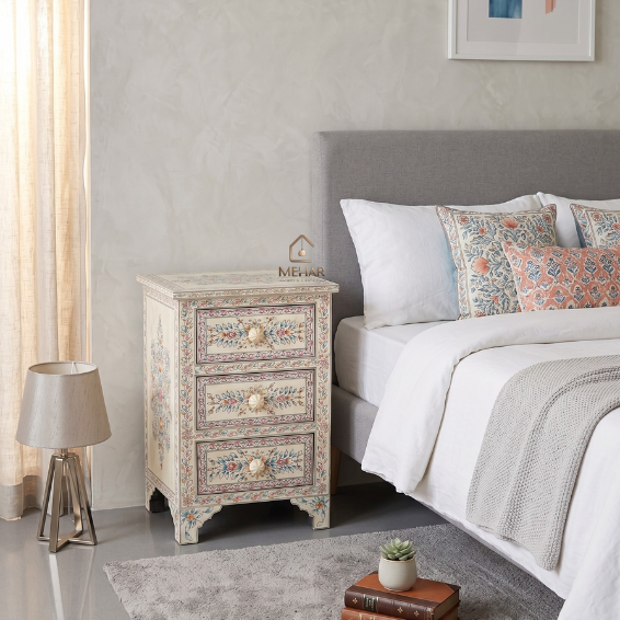 WDN BONE INLAY HAND PAINTED BEDSIDE 3 DRAWER