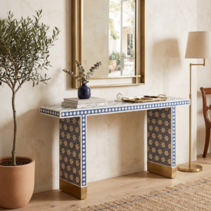 Untitled design (6) WDN BONE INLAY GEOMETRIC PATTERN CONSOLE TABLE – NAVY BLUE TABLE