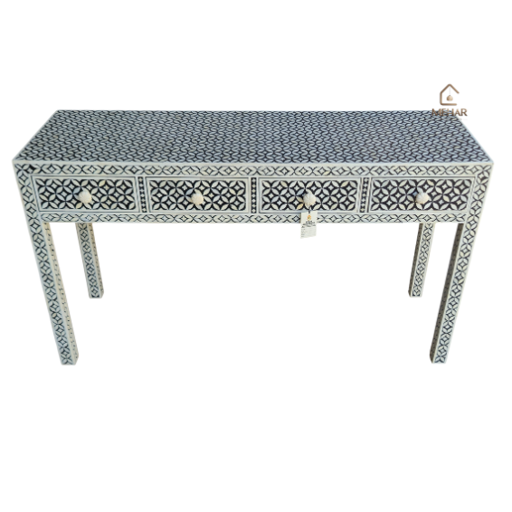 Untitled design WDN BONE INLAY GEOMETRIC PATTERN CONSOLE TABLE – BLACK & WHITE TABLE 4 DRAWER