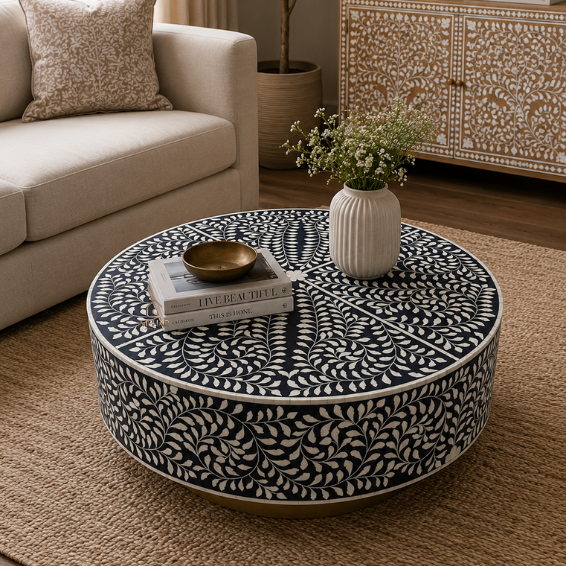 WDN BLACK FLORAL BONE INLAY ROUND COFFEE TABLE | HANDMADE CENTRE TABLE