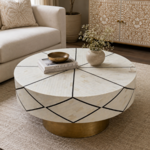 1 (2) HANDMADE WDN BONE INLAY ROUND COFFEE TABLE WITH BRASS BASE | MODERN CENTRE TABLE