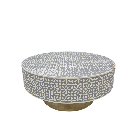 WDN BONE INLAY ROUND GREY COFFEE TABLE WITH BRASS BASE | HANDMADE CENTER TABLE