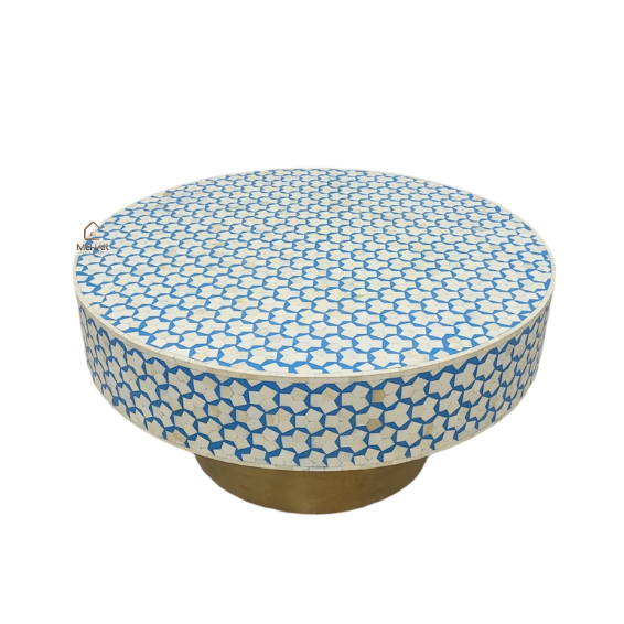 1 (3) HANDCRAFTED WDN BLUE BONE INLAY ROUND COFFEE TABLE WITH BRASS BASE | CENTRE TABLE