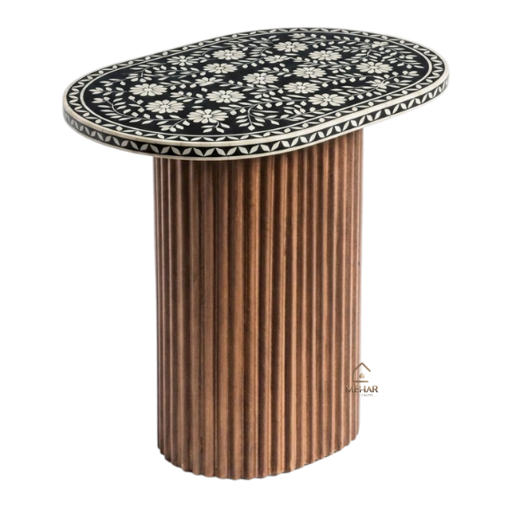 1 WDN BONE INLAY FLORAL SIDE TABLE IN BLACK FINISH