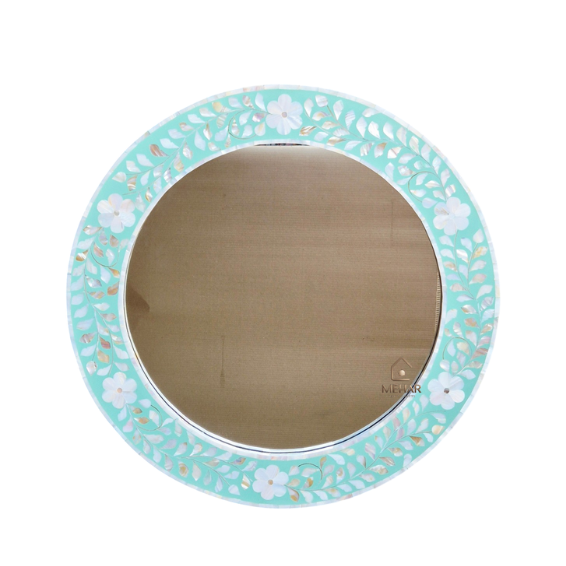 WDN Handcrafted Mother of Pearl Inlay Round Wall Mirror Frame – Floral Accent Mirror