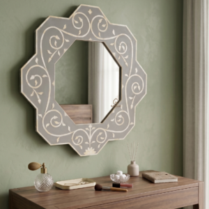 HANDCRAFTED WDN BONE INLAY FLORAL MIRROR FRAME | DECORATIVE GREY WALL MIRROR