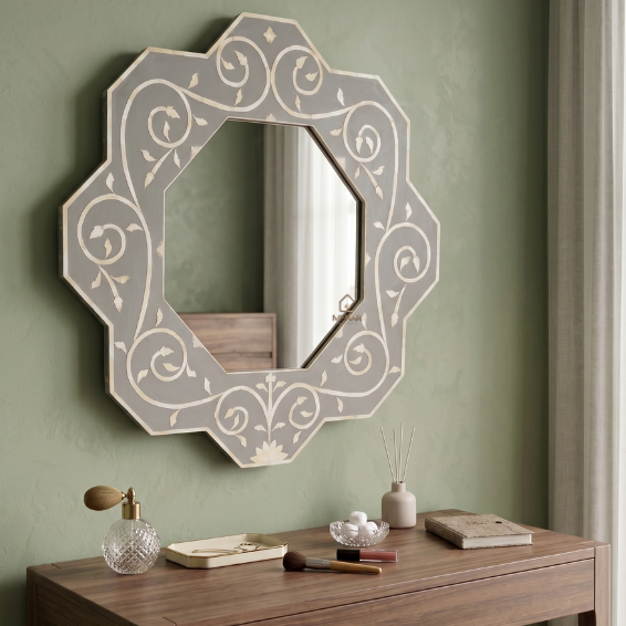 HANDCRAFTED WDN BONE INLAY FLORAL MIRROR FRAME | DECORATIVE GREY WALL MIRROR