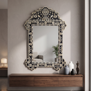 HANDCRAFTED WDN BONE INLAY FLORAL MIRROR FRAME | LUXURY BLACK WALL MIRROR
