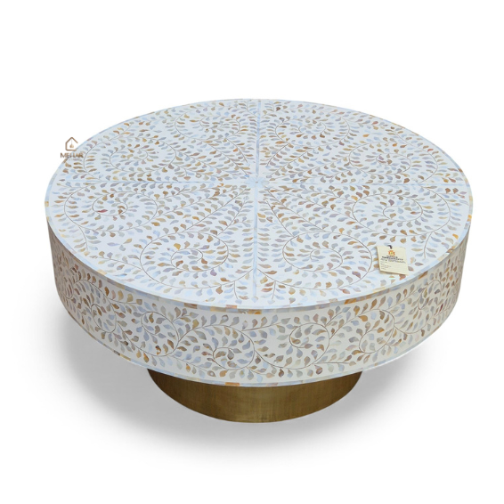 HANDCRAFTED WHITE MOTHER OF PEARL INLAY FLORAL COFFEE TABLE | ROUND CENTER TABLE