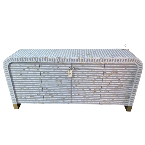 2 (2) WDN MOP INLAY CABINET/SIDEBOARD WITH 4 DOOR ( STRIPPED PATTERN)