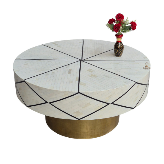 2 (2) HANDMADE WDN BONE INLAY ROUND COFFEE TABLE WITH BRASS BASE | MODERN CENTRE TABLE