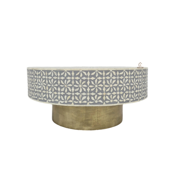 WDN BONE INLAY ROUND GREY COFFEE TABLE WITH BRASS BASE | HANDMADE CENTER TABLE