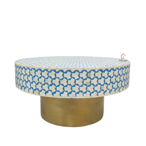 2 (3) HANDCRAFTED WDN BLUE BONE INLAY ROUND COFFEE TABLE WITH BRASS BASE | CENTRE TABLE