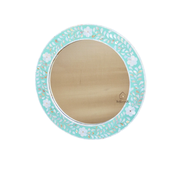 WDN Handcrafted Mother of Pearl Inlay Round Wall Mirror Frame – Floral Accent Mirror