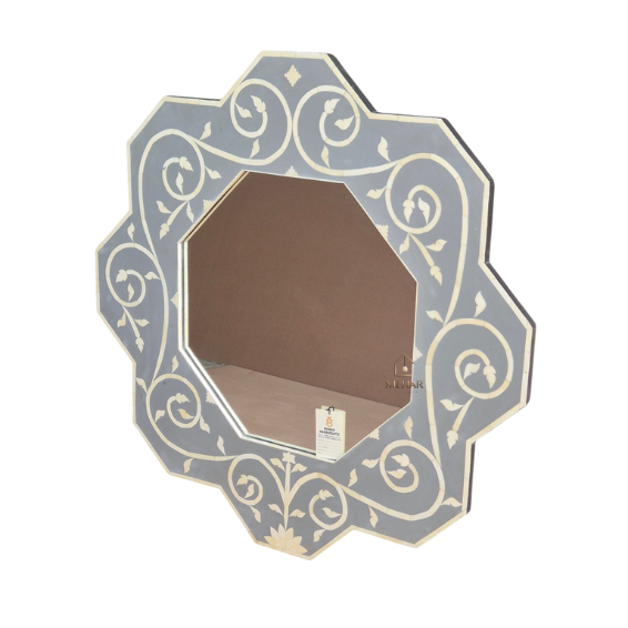 HANDCRAFTED WDN BONE INLAY FLORAL MIRROR FRAME | DECORATIVE GREY WALL MIRROR