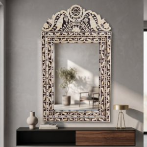 HANDCRAFTED WDN BONE INLAY FLORAL MIRROR FRAME | DECORATIVE BROWN MIRROR