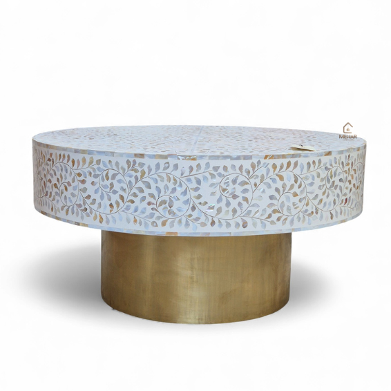HANDCRAFTED WHITE MOTHER OF PEARL INLAY FLORAL COFFEE TABLE | ROUND CENTER TABLE
