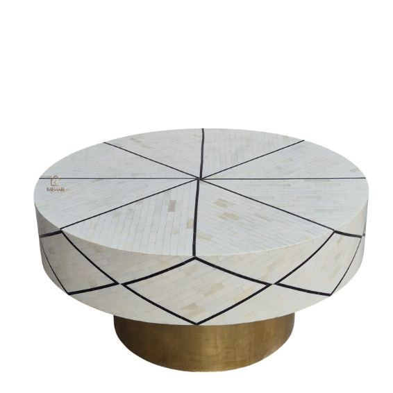 3 (2) HANDMADE WDN BONE INLAY ROUND COFFEE TABLE WITH BRASS BASE | MODERN CENTRE TABLE