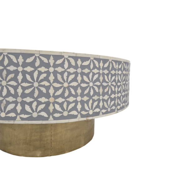 WDN BONE INLAY ROUND GREY COFFEE TABLE WITH BRASS BASE | HANDMADE CENTER TABLE