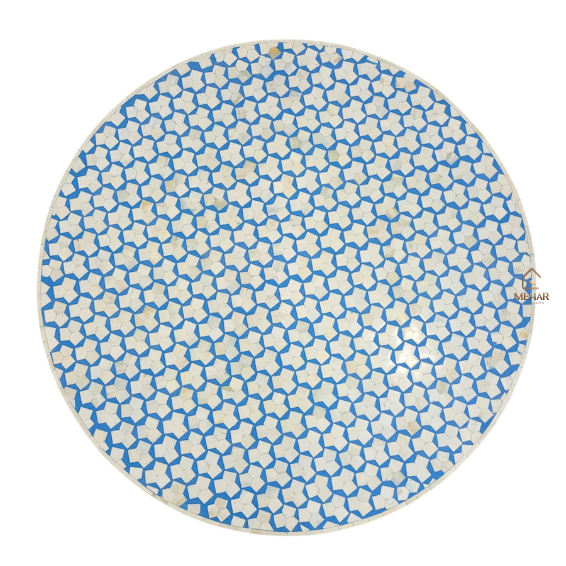 3 (3) HANDCRAFTED WDN BLUE BONE INLAY ROUND COFFEE TABLE WITH BRASS BASE | CENTRE TABLE