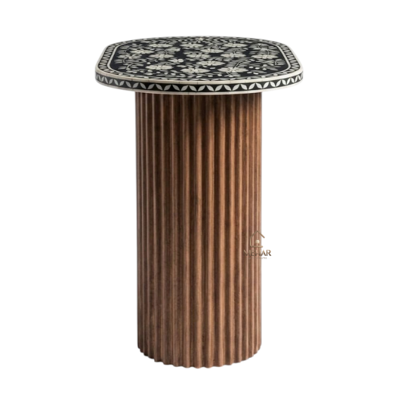 3 WDN BONE INLAY FLORAL SIDE TABLE IN BLACK FINISH
