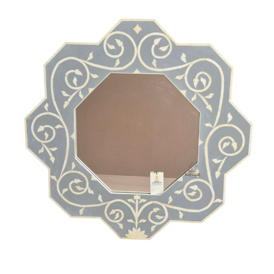 HANDCRAFTED WDN BONE INLAY FLORAL MIRROR FRAME | DECORATIVE GREY WALL MIRROR