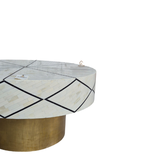 4 (2) HANDMADE WDN BONE INLAY ROUND COFFEE TABLE WITH BRASS BASE | MODERN CENTRE TABLE